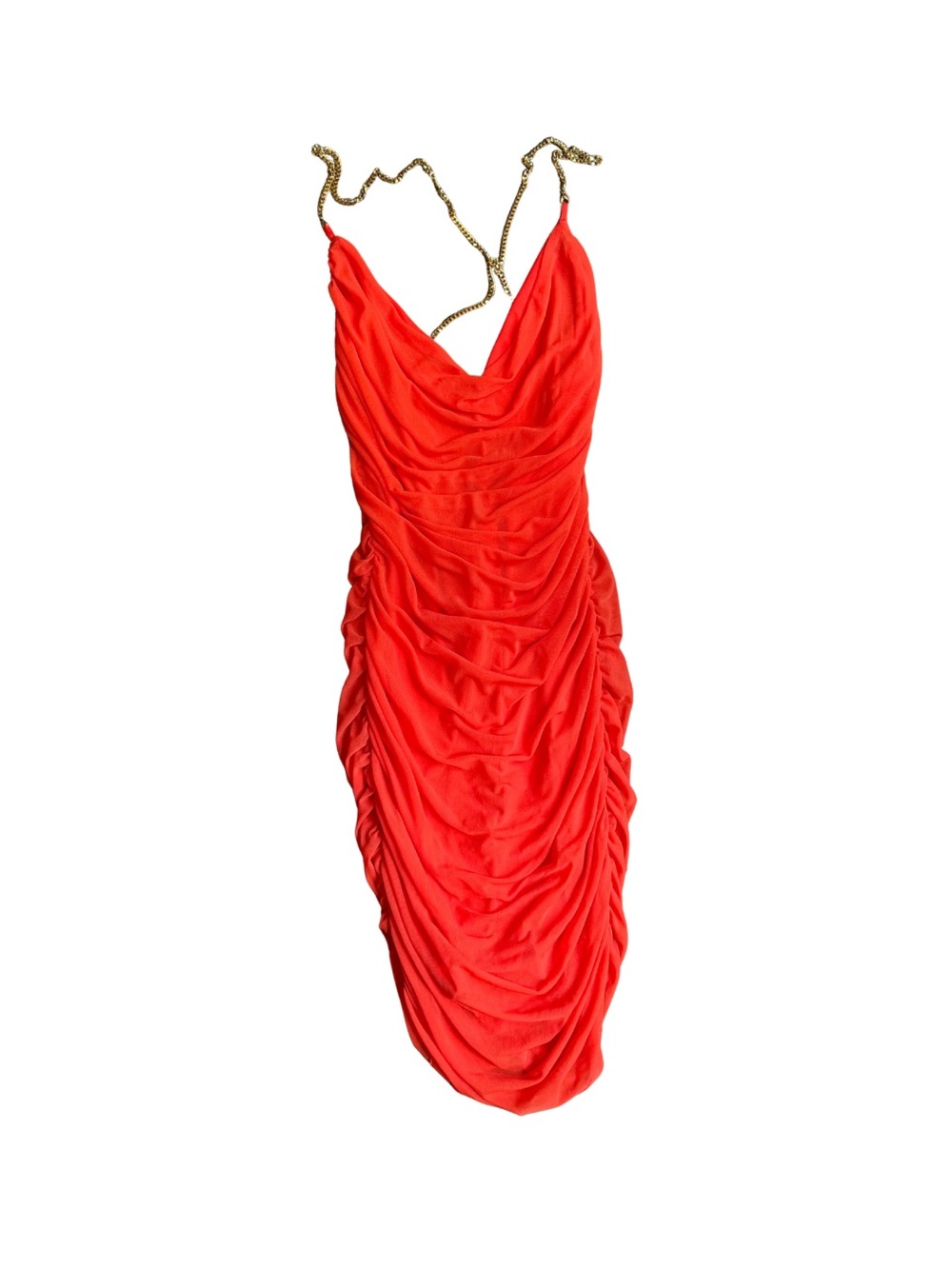 Fashion Nova Vibrant Orange Ruched Midi Dress with Gold Chain Straps